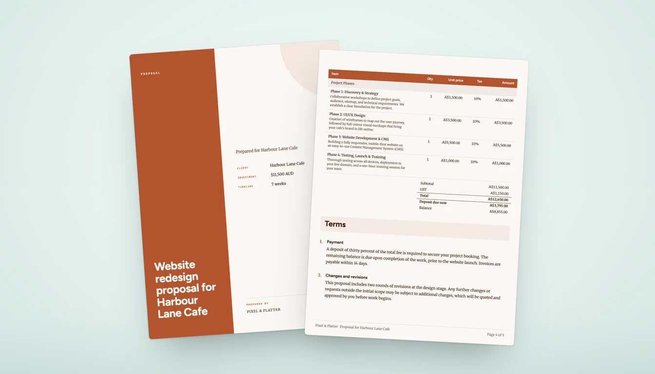 A website redesign proposal cover page beside its pricing table with deposit and balance