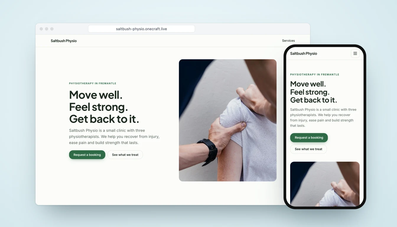 A physiotherapy clinic website on a desktop browser and a phone